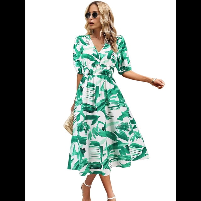 Vestido Floral con Escote en V para Mujer, Verano 2025, Moderno, Bohemio, Plisado, con Mangas Abullonadas. Verde XXL