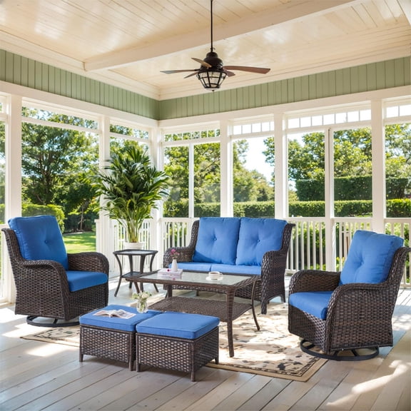 PARKWELL 7-Piece Outdoor High Back Patio Conversation Set,Wicker 6-Seat Furniture with Loveseat Sofa, Swivel Gliders,Coffee Table and Ottomans,Brown Wicker Navy Cushions