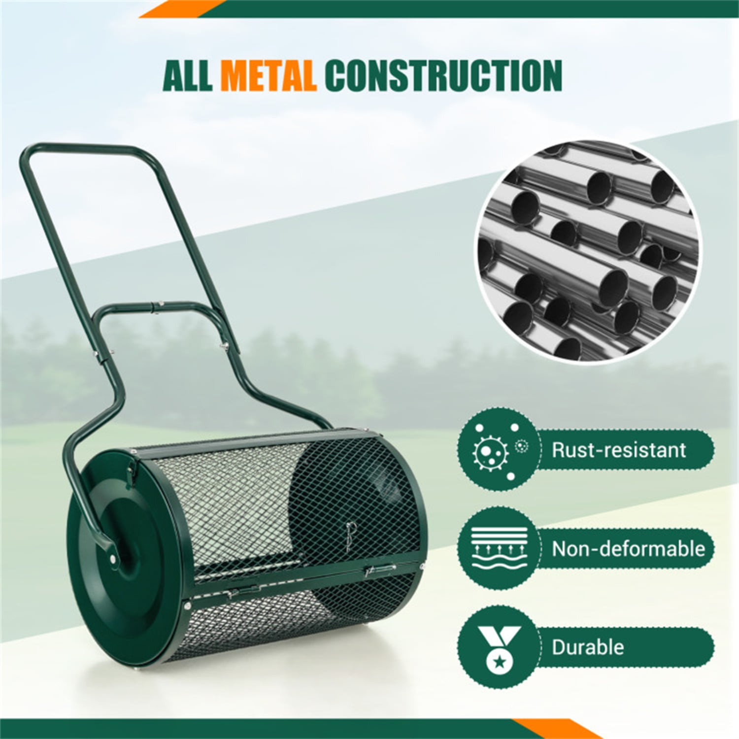 24-Inch Metal Mesh Compost Spreader with 2.7 Cu.ft Large Capacity, Heavy-Duty Rustproof Lawn Spreader for Peat Moss/Topsoil/Sand-Green