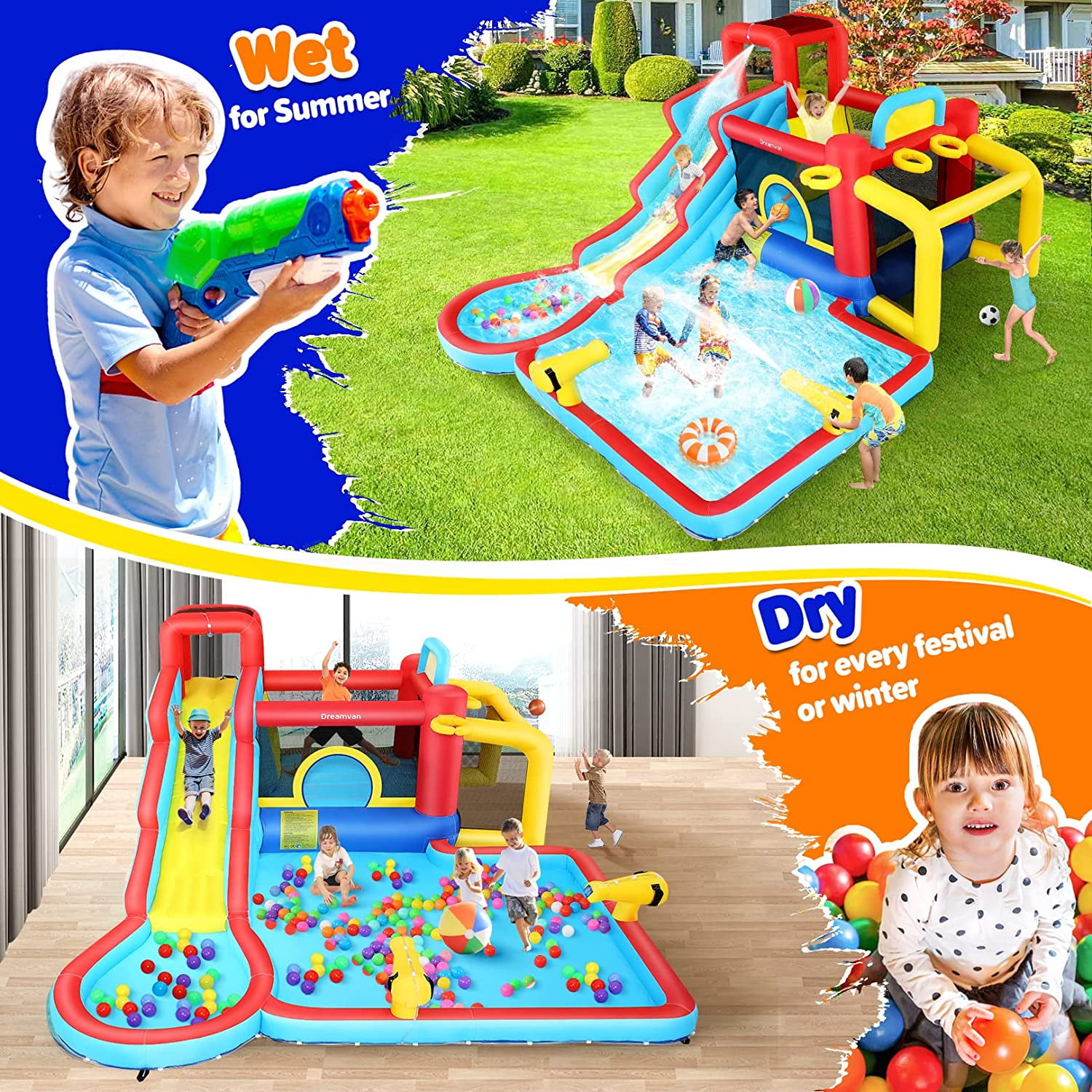 Qhomic Inflatable Water Slide 12 in 1 Waterfall Waves Mega Water Park, Inflatable Bounce House Water Slide with Splash Pool, Climbing Wall, Cannon, Basketball Hoop, Ball Shooting, Football Gate