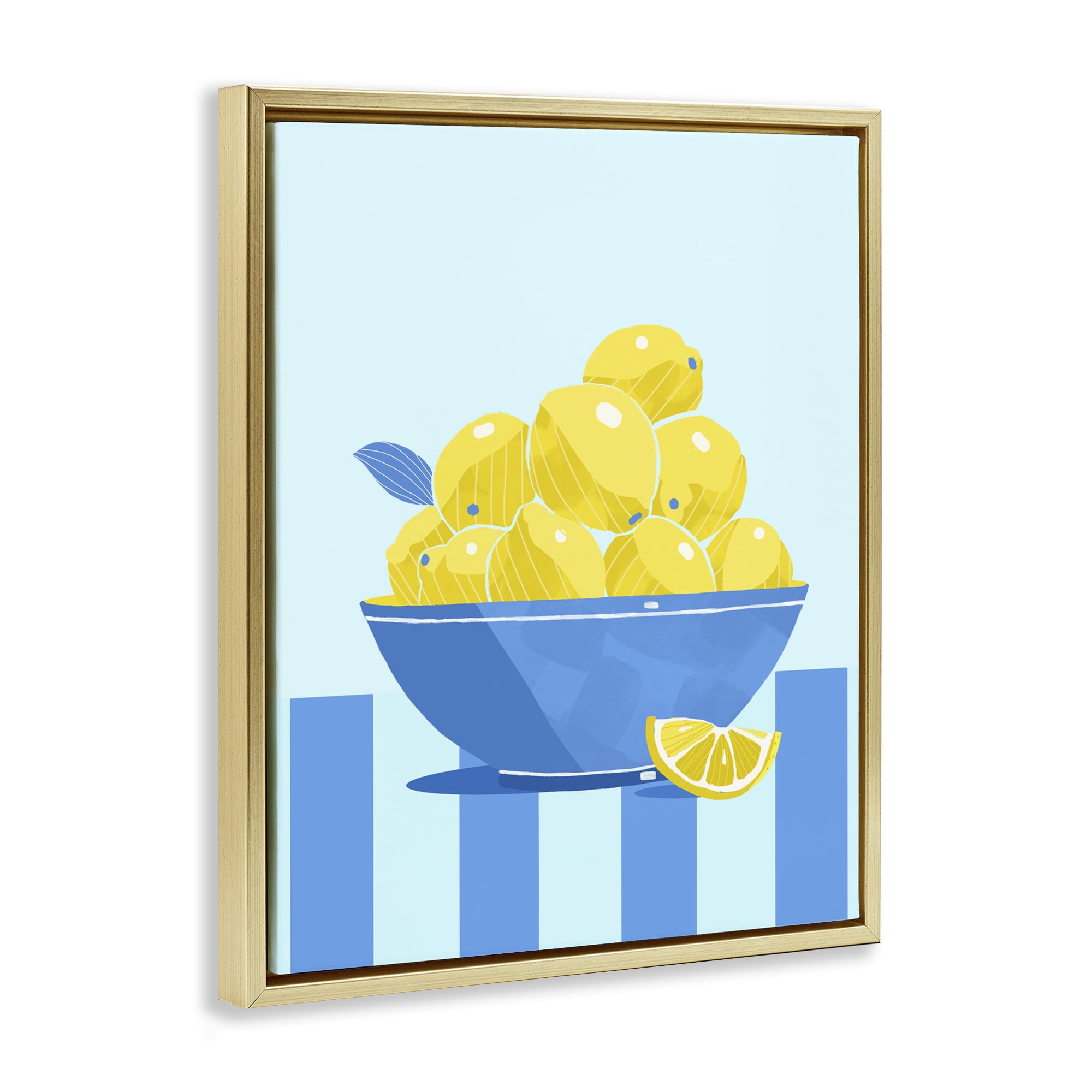 Stupell Industries Yellow Lemon Bowl Striped Gold Framed Floater Canvas Wall Art, design by Lucca Sheppard