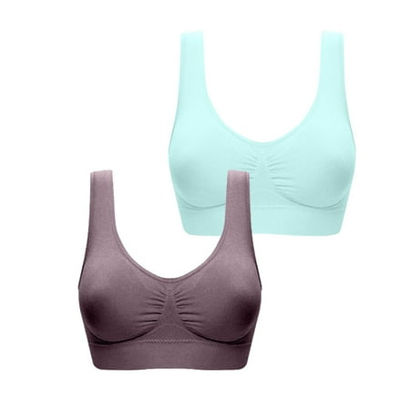 ATOYSOY 2 Pack Plus Size Sports Bra Everyday Bra Yoga Activewear Comfort Bra Bralette Underwear Teens Push Up Breathable Clearance Workout Wireless Ruched Tank Tops Light Blue L