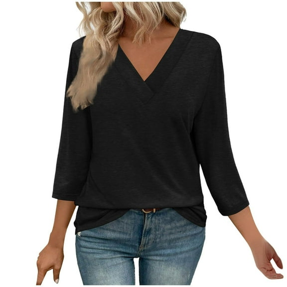 Womens 3/4 Sleeve Tops Plus Size V Neck Cotton Solid Color Shirt Fashion Casual Loose Fit Soft Blouses Tshirt (Black L)