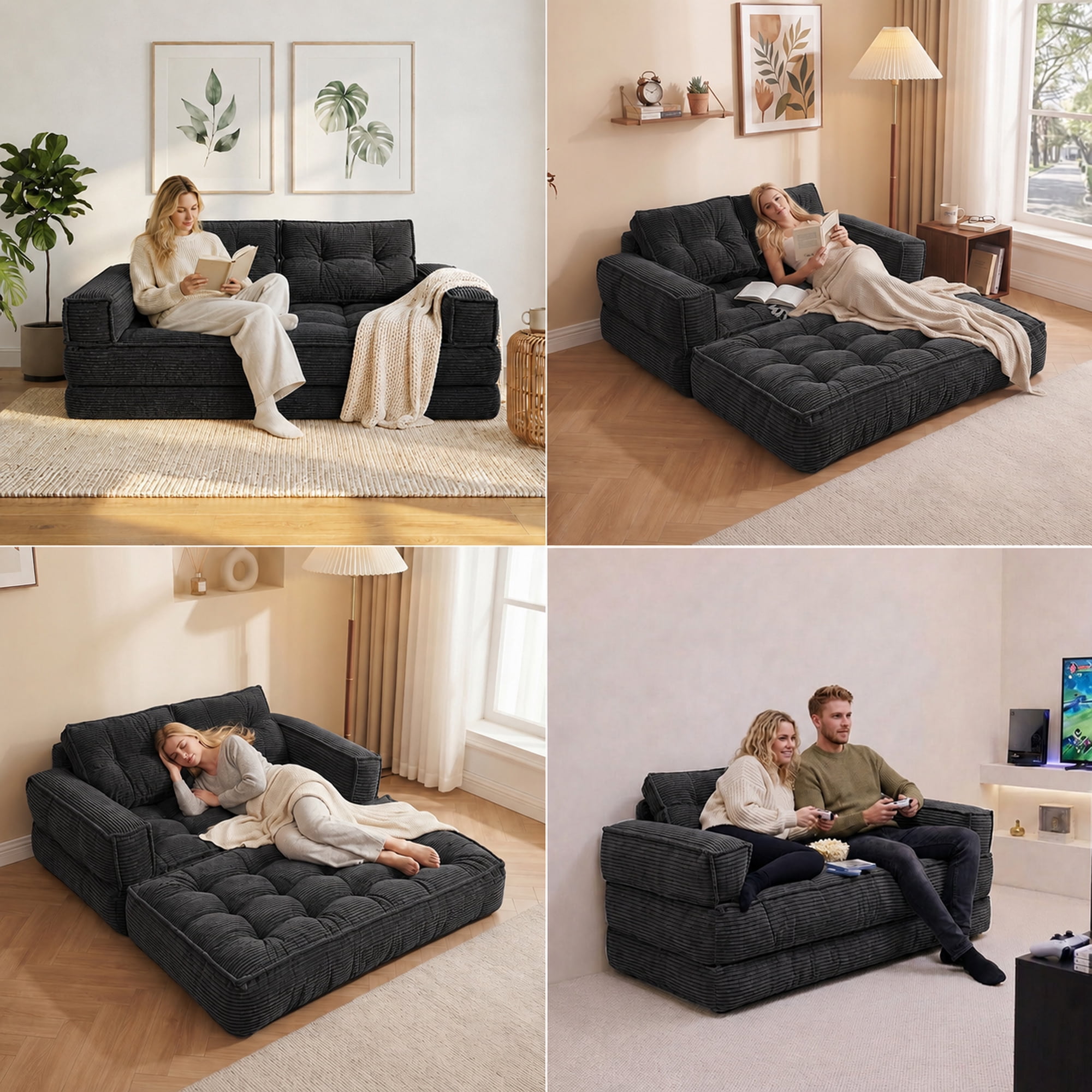Leumius 2 Seater Modular Corduroy Sofa with Chaise Lounge,2-in-1 Boneless Convertible Floor Couch,Lazy Double Sofa with Armrest for Living Room Bedroom Apartment Game Guest Room,Black