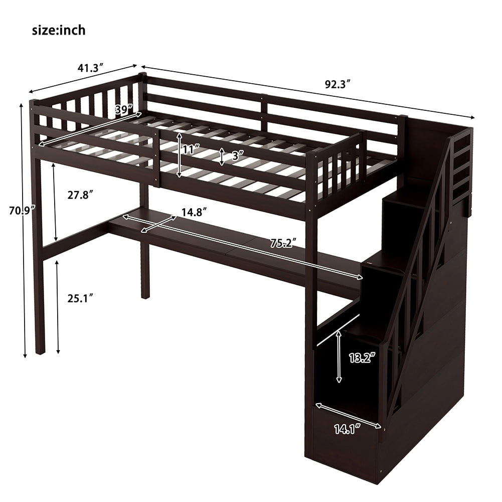 Kadyn Wooden Loft Bed with Storage Stairs, Under-bed Desk and Gaming Area, Twin, Espresso Kadyn Wooden Loft Bed with Storage Stairs, Under-bed Desk and Gaming Area, Twin, Espresso