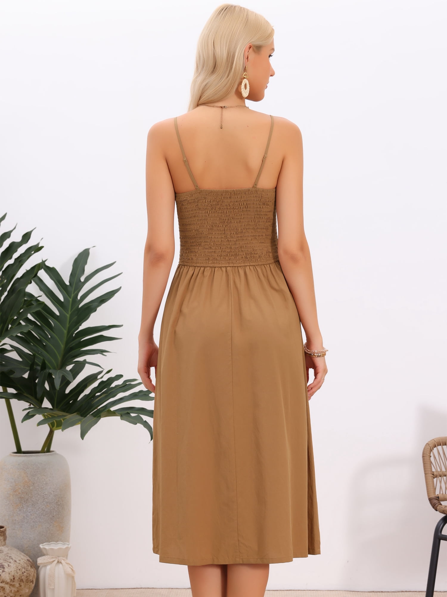 DARING DIVA Women's Spaghetti Strap Smocked A Line Swing Flowy Midi Dresses XS Brown