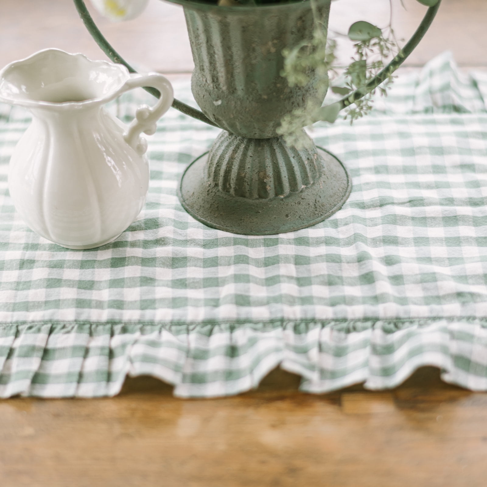 VHC Brands Rosehill Cottage Green Gingham Ruffled Cotton Table Runner - 12x48 Green & Natural Table Runner