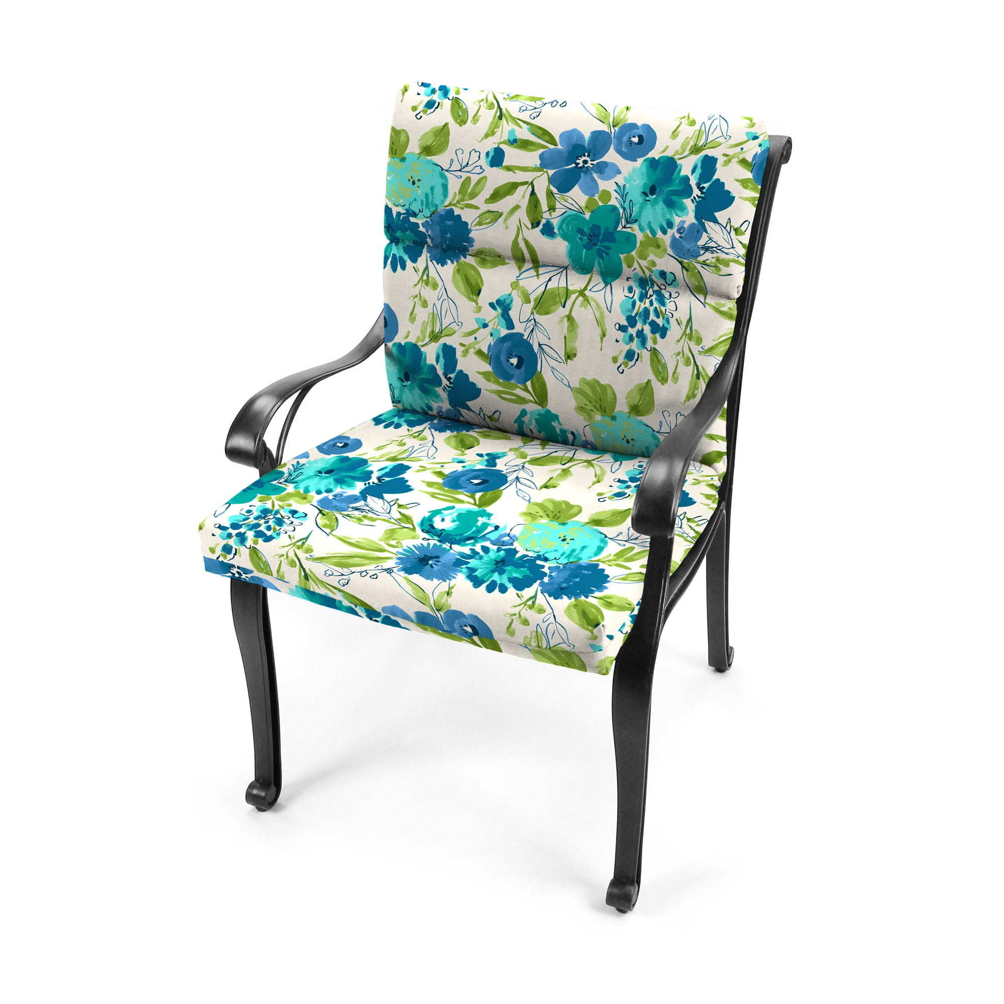 Jordan Manufacturing 44" x 22" Bettina Aqua Cream Floral Rectangular Outdoor Chair Cushion with Ties and Hanger Loop (2 Pack)