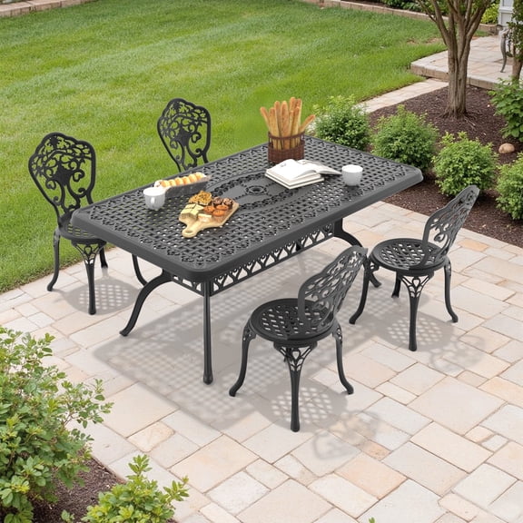 Hzzkey 5-Piece Black Outdoor Aluminum Rectangle Dining Set,4 Chairs, Umbrella Hole, Weather-Resistant - Compact Size Chair (Seat Width: 15.35")