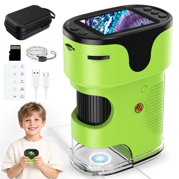Microscope for Kids Adults Pocket Microscope, 2" Handheld Microscope Toys for Indoor Outdoor Educational Boys Girls with LED Lights TF Card, Green