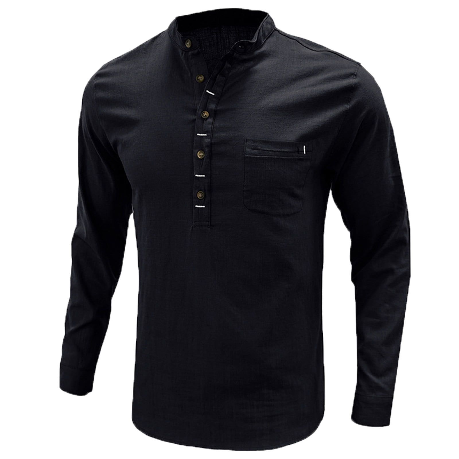 Cotton Linen Henley Shirt for Men Loose Fit Solid Tops Long Sleeve