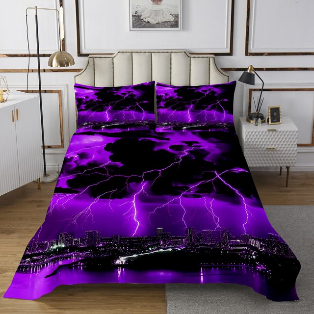 Erosebridal Ensembles de Courtepointe Éclairs Naturels Violets pour Lit Simple, Ensemble de Literie Paysage Urbain Moderne 2 Pcs