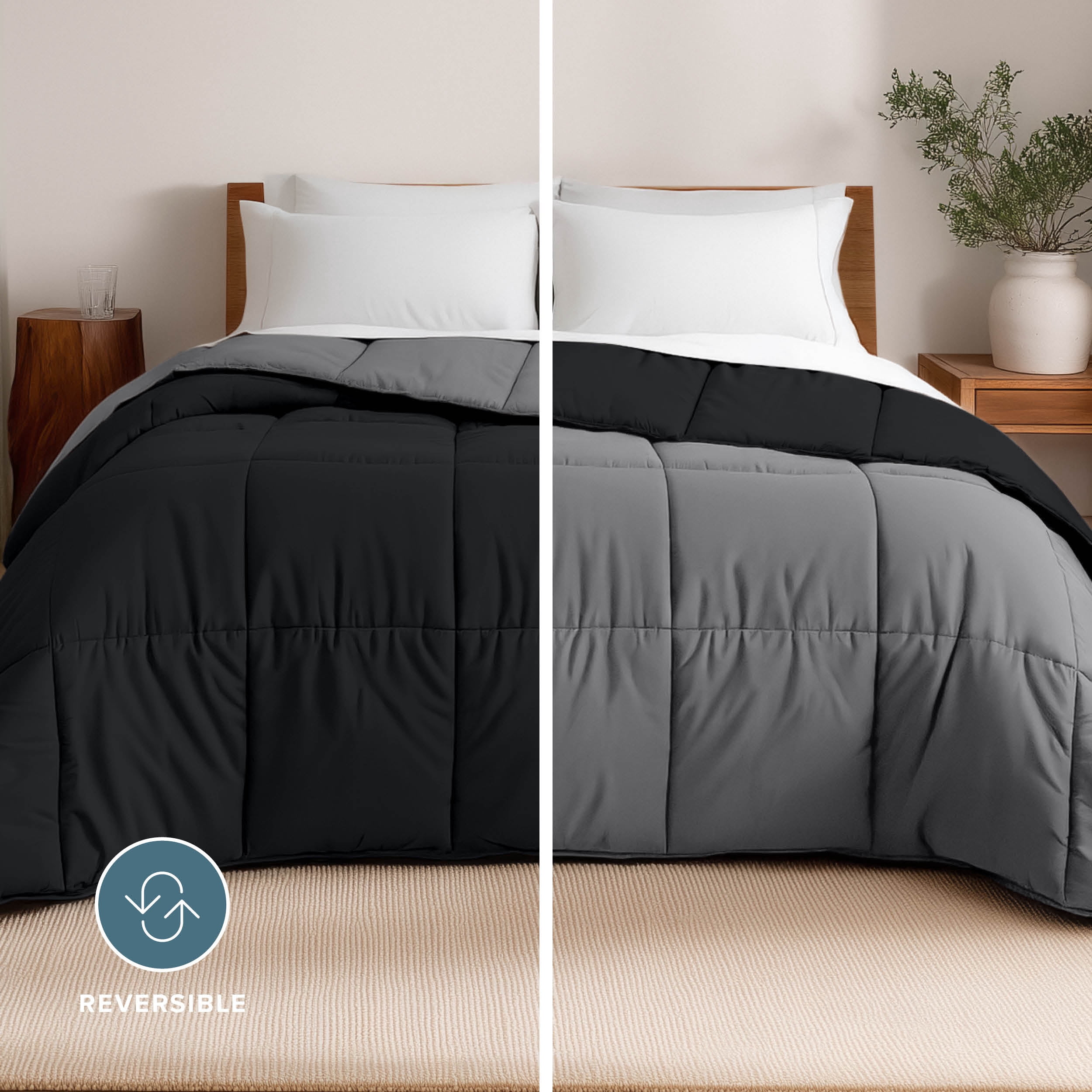Bare Home 1800 Collection Reversible Down Alternative Comforter, All-Season, Oversized Queen, Black/Gray