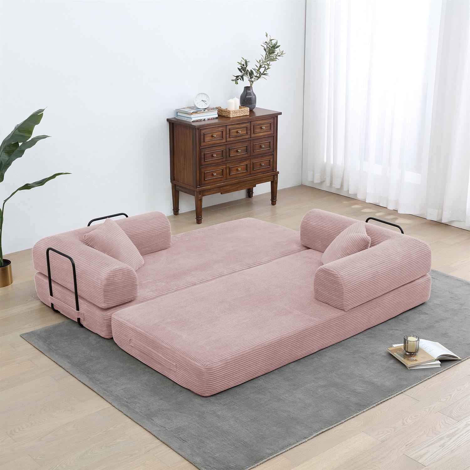Demi Bonn 77" Convertible Sleeper Sofa Bed, Corduroy Foldable Mattress Couch with Cylindrical Pillow & Fixed Frame for Living Room, Bedroom, Pink
