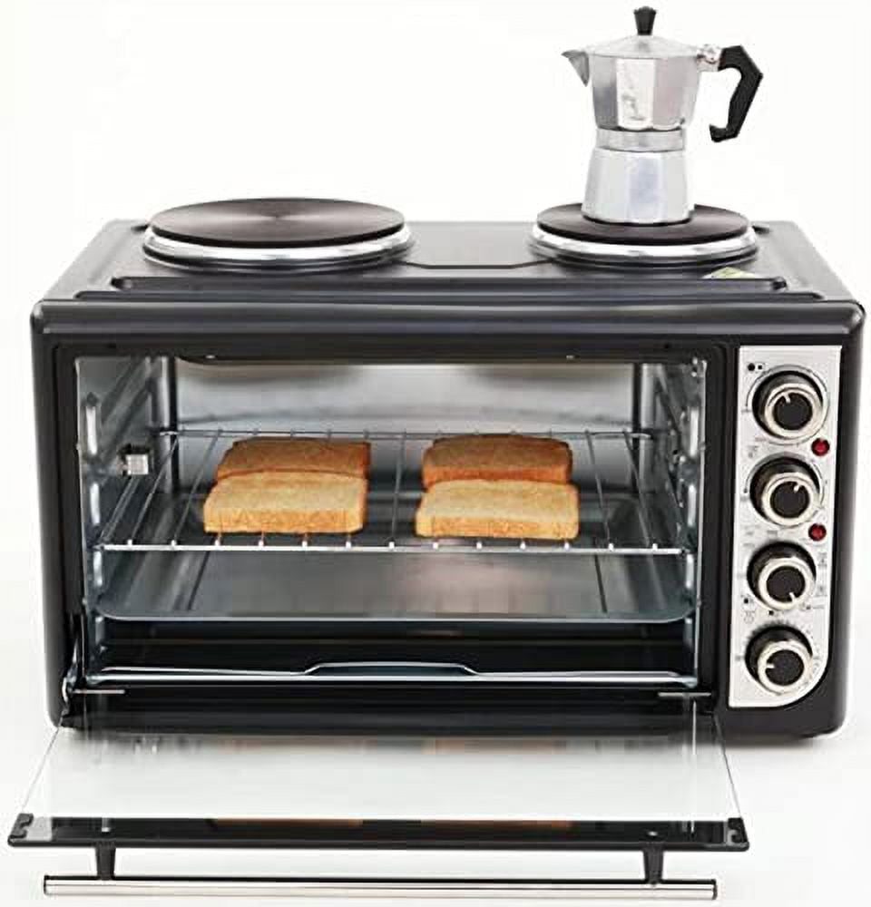 Avanti Portable Oven Multi-Function with Convection Rotisserie and Dual Burner Cooktop, 60 Minute Timer and Auto Shut-Off, 1.4 Cu.Ft., Black