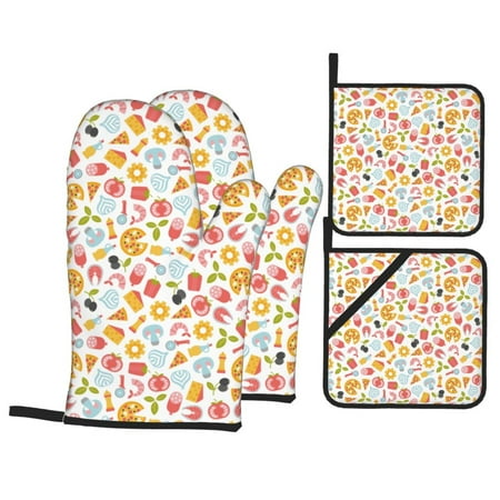 

Oven Mitts and Pot Holders 4 pcs Set Afternoon tea Heat Resistant Pot Holders Oven Mitts for kitchen Non-Slip Hanging Loop Oven Glove Potholders for Baking Cooking