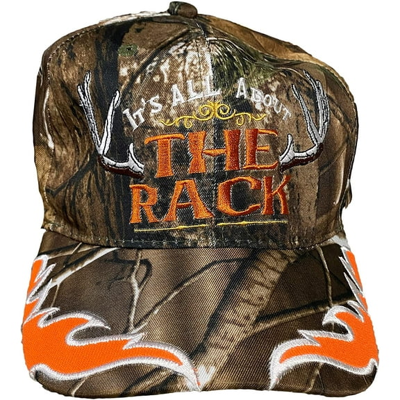 Black Duck Brand Embroidered Hunters Baseball Cap with Camouflage Flames It's All About The Rack (Camouflage)