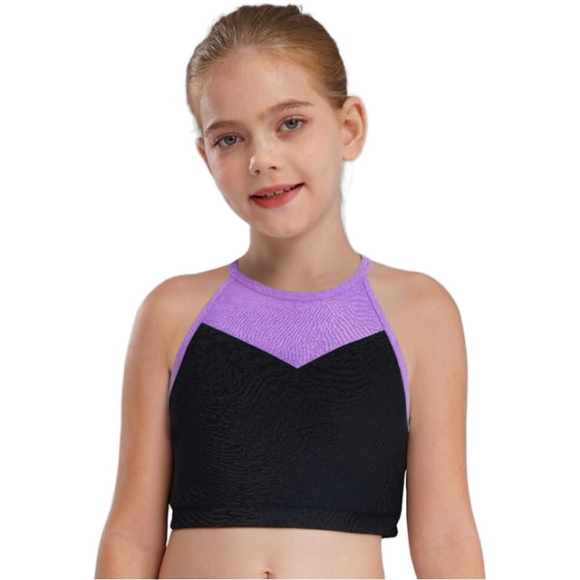 Manyakai Kids Girls Crop Tops Cutout Back Mesh Patchwork Workout Crop Tank Tops Jazz Hip Hop Dance Purple 6