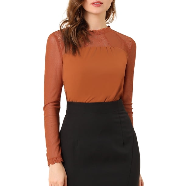 INSPIRAR CHIC Blusas Casuales de Cuello Redondo para Mujeres con Encaje Floral de Manga Larga en Chiffón XL Marrón Rojo