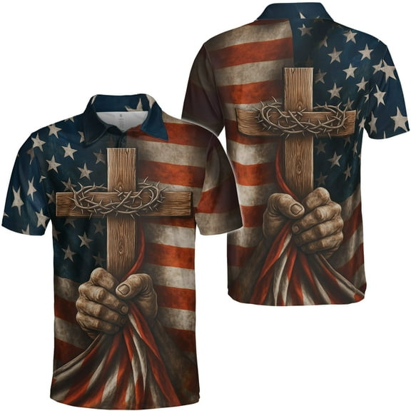 Lotusprinthandmade Independence Day America Flag Jesus Men Polo Shirt (Lightweight) S-5XL Multicolor (S)
