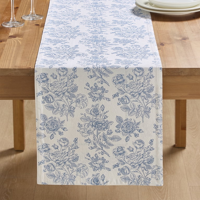 Floral Cotton Reversible Table Runner, Blue and White, 14