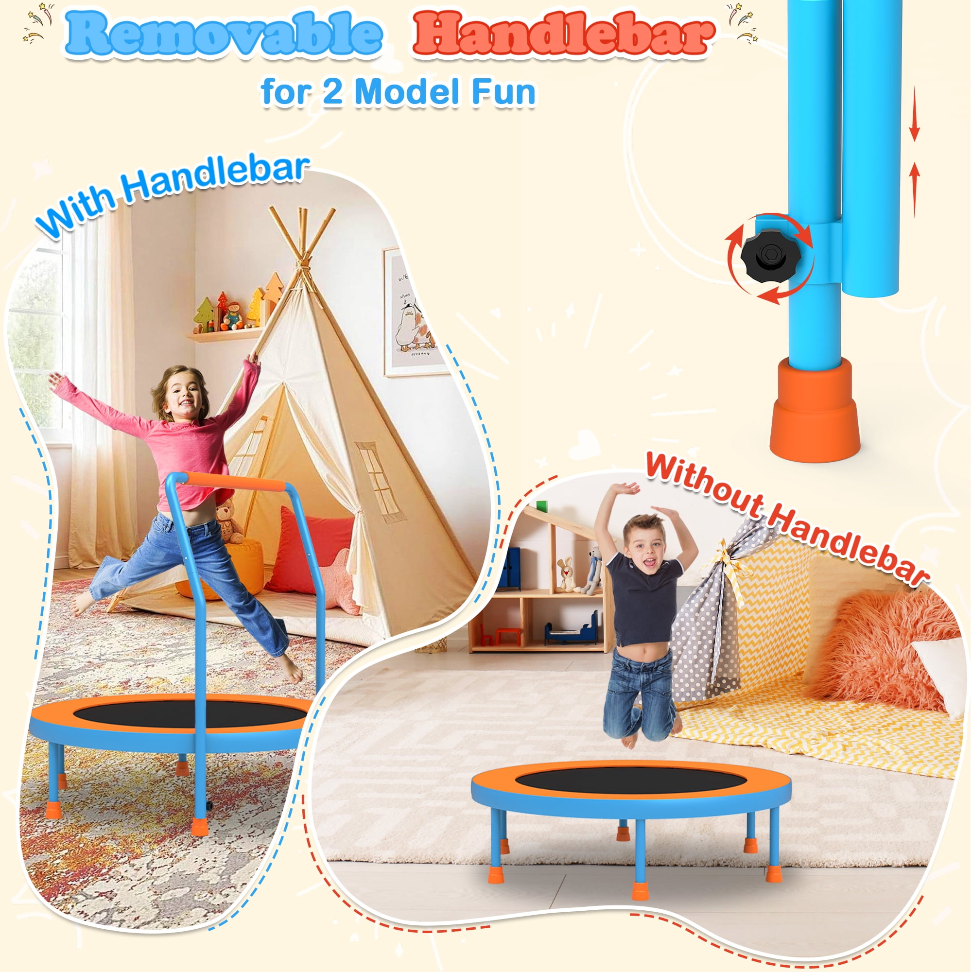 Cochan 3FT Toddler Trampoline with Handlebar Height Adjustable, Max Load 220LBS 36'' Indoor Mini Trampoline for Toddlers, Small Trampoline for Kids Age 1-6, Noise Free, Quick Assembly