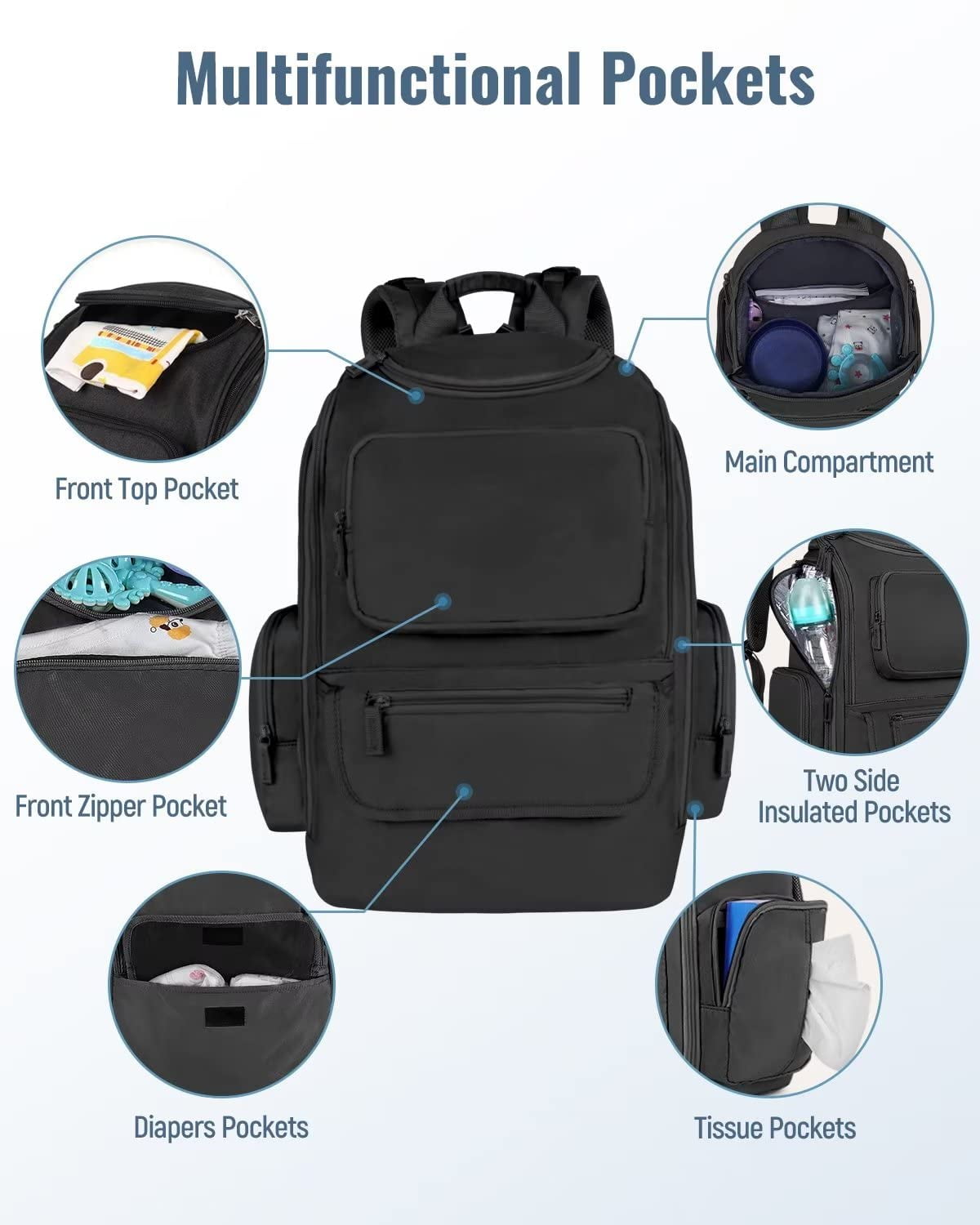Mancro Diaper Bag Backpack, Waterproof Travel Backpack with Stroller Straps and 2 Side Insulated Pockets, Black