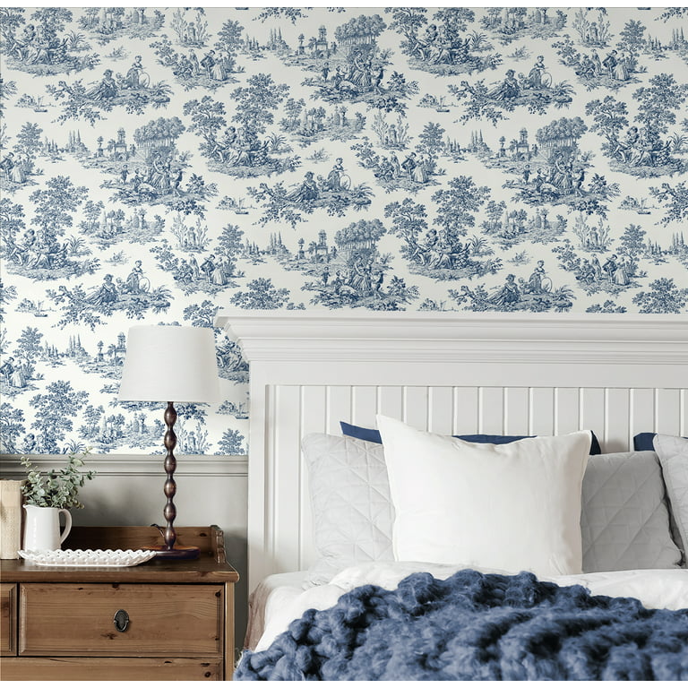 Blue Toile Peel and Stick Wallpaper French Country Farmhouse Style