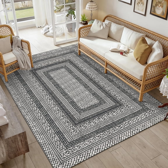 HIWEAVER 8' x 10' Black/Gray Area Rug for Living Room Washable Bordered Digital Printed Geometric Indoor Carpet