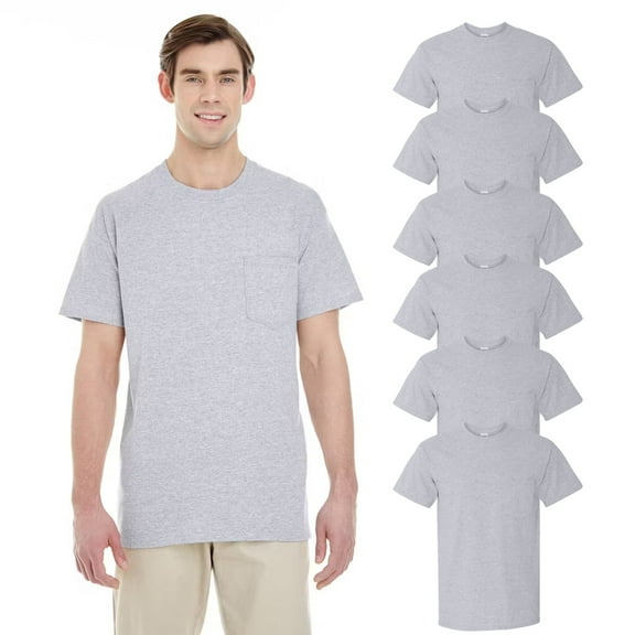 Gildan Men's Heavy Cotton Pocket T-Shirt, Short Sleeve, Sport Grey Tee, 6-Pack, Size-S
