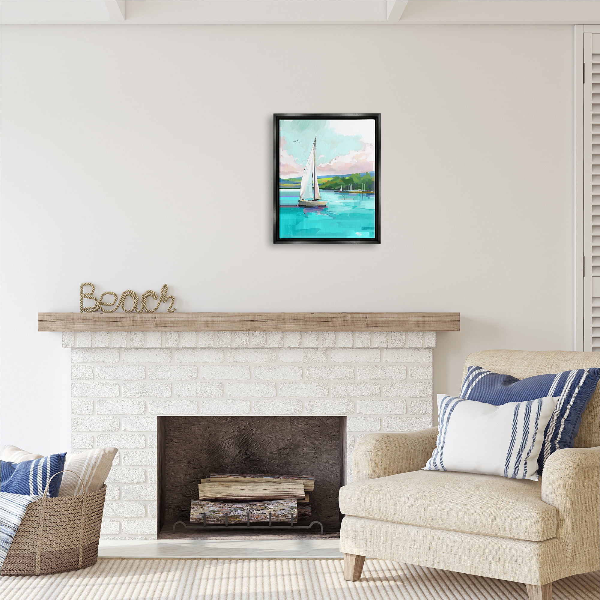 Stupell Industries Sailboat in Coastal Marina Transportation Painting Black Floater Framed Canvas Art Print Wall Art, 17 x 21
