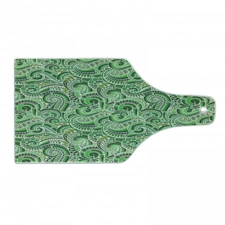 

East Cutting Board Classic Design Swirl Doodle Floral Illustration Curvy Outline Style Retro Decorative Tempered Glass Cutting and Serving Board Wine Bottle Shape Black Green by Ambesonne