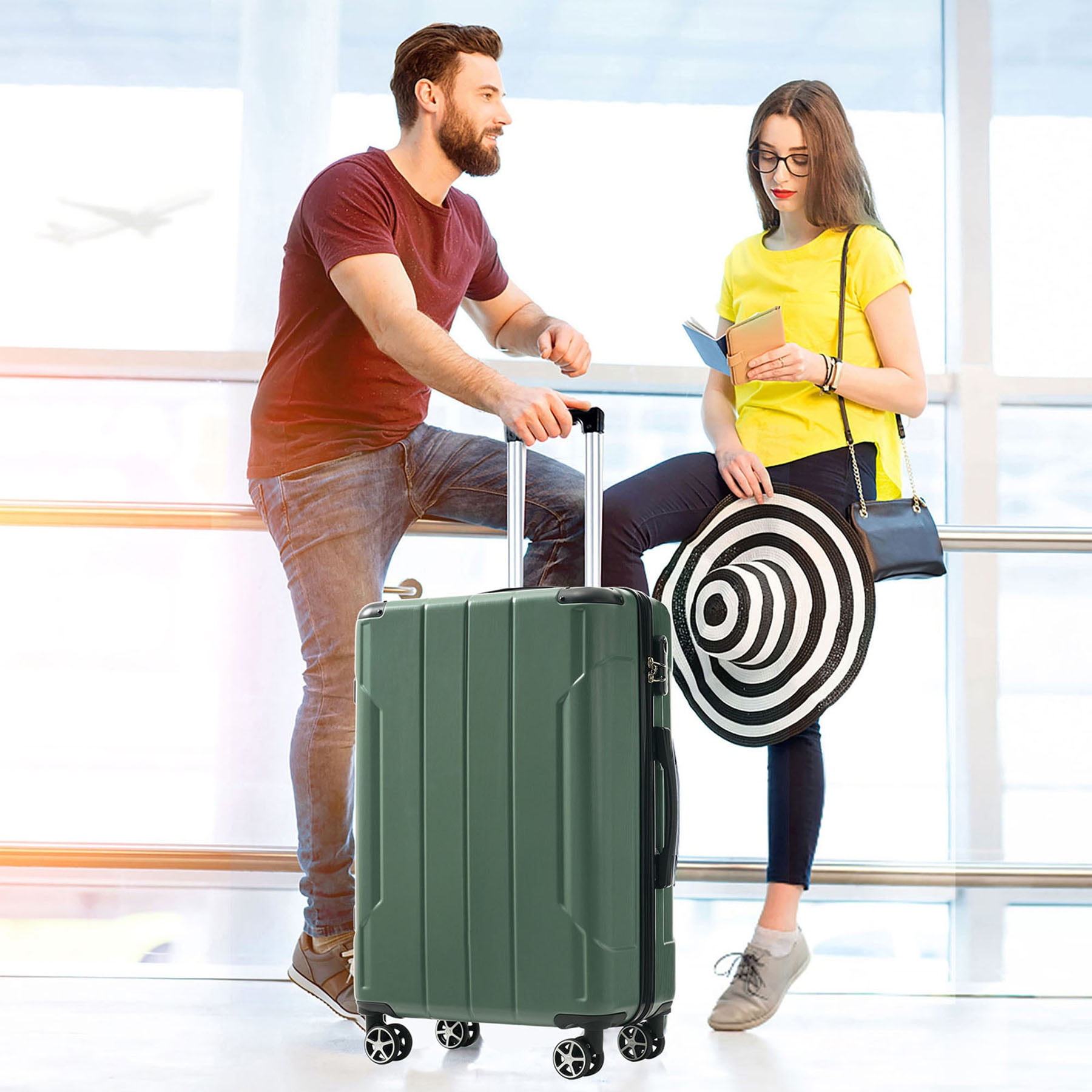 S-HOME 3 Piece Hard Shell Luggage Sets in Lightweight ABS with Double Spinner Wheels 20 24 28 Inch for Travel, White+Green
