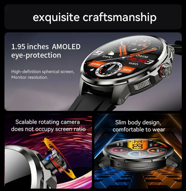 Android Smart Watch for Men Women 1.95" AMOLED Display 8GB+128GB Rotating Camera Sports Smartwatch Phone