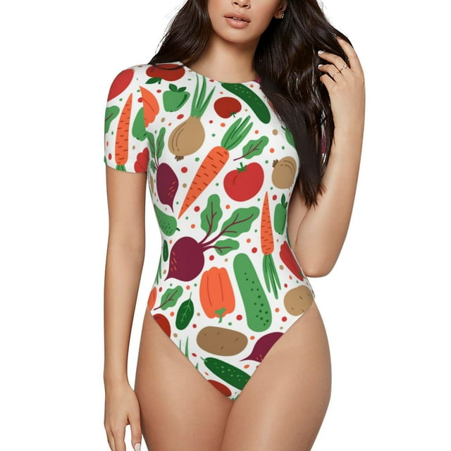 Balery Vegetables Body de cuello redondo de manga corta para mujer Tops de manga corta Tops básicos-Large