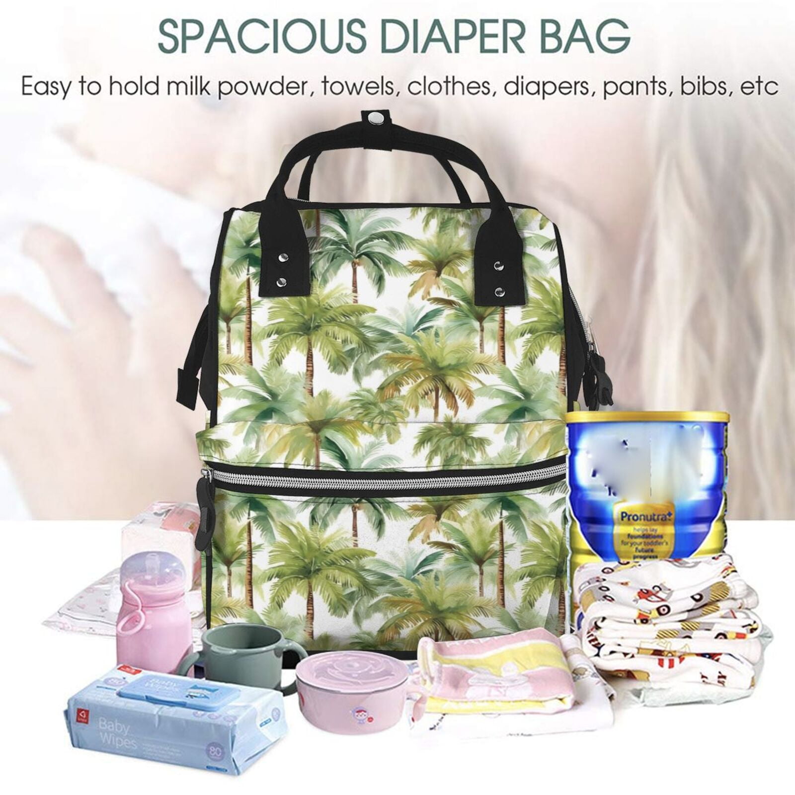 Ratiio Green Hawaii Palms Mummy Backpack - Waterproof Twill Canvas, Large Capacity Diaper Bag with Multiple Pockets and Adjustable Straps