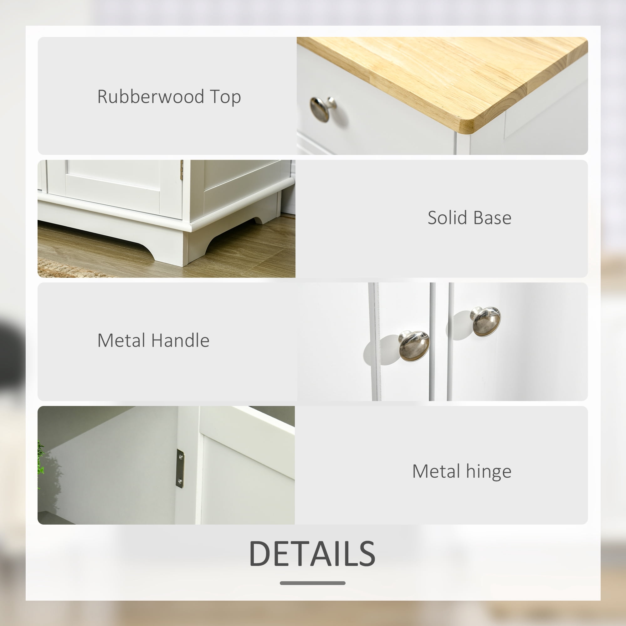 HOQBN Kitchen Storage Cabinet, White Sideboard Floor Cupboard with Solid Wood Top, Adjustable Shelf and 3 Drawers, Multipurpose Buffet Cabinet for Kitchen, Dining Room and Living Room