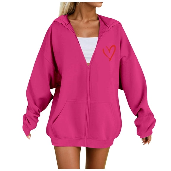 felworsd Women's Plus Size Zip-Up Hoodie - Long Sleeve Hooded Sweatshirt with Heart Print & Pockets, Casual Fashion for Fall Winter Hot Pink, M