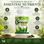 Sunshine Naturals Spirulina Algae Dietary Supplement, 60 Tablets, 500 mg, Superfood, Natural Immune Booster