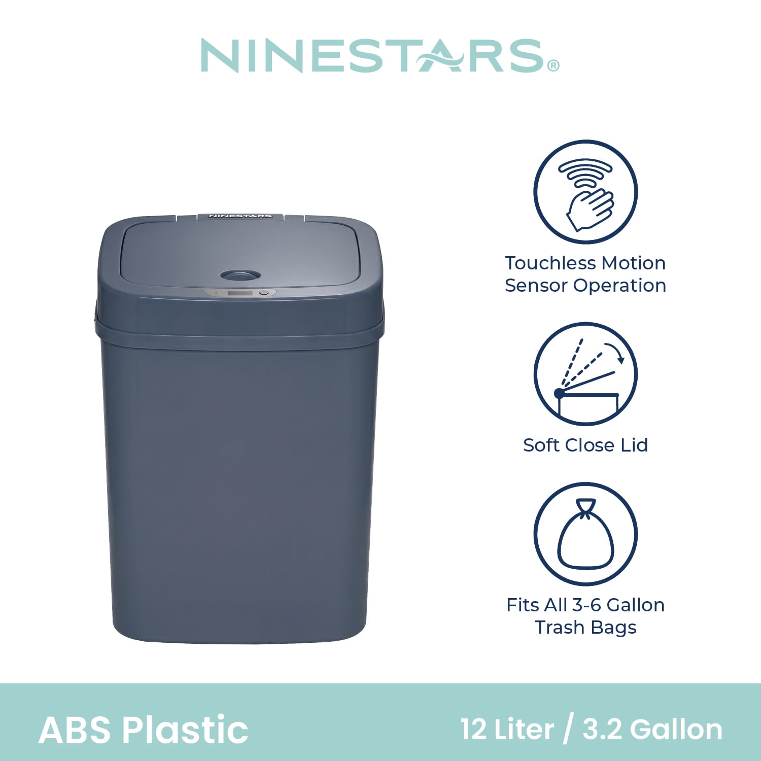 Nine Stars Automatic Bathroom Trash Can, 3.2 Gallon Plastic, Motion Sensor Waste Bin with Soft Close Lid, Washed Indigo