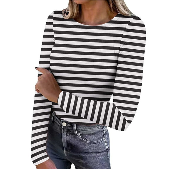 JSheng Women's Striped Tops Fashion Elastic Casual Round Neck Long Sleeve kintted Versatile T-shirt Top Black L