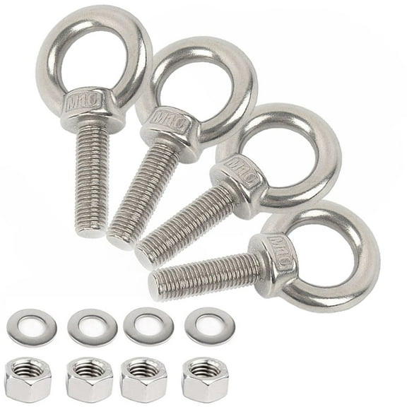 ABCISI Stainless Steel Eye Bolts, 4 Pack M10 Shoulder Eye Bolt, 1.2" Heavy Duty EyeBolts Screws in Eye Hooks with Washer and Nuts for Lifting Ring Eyebolt Thread Length 30mm