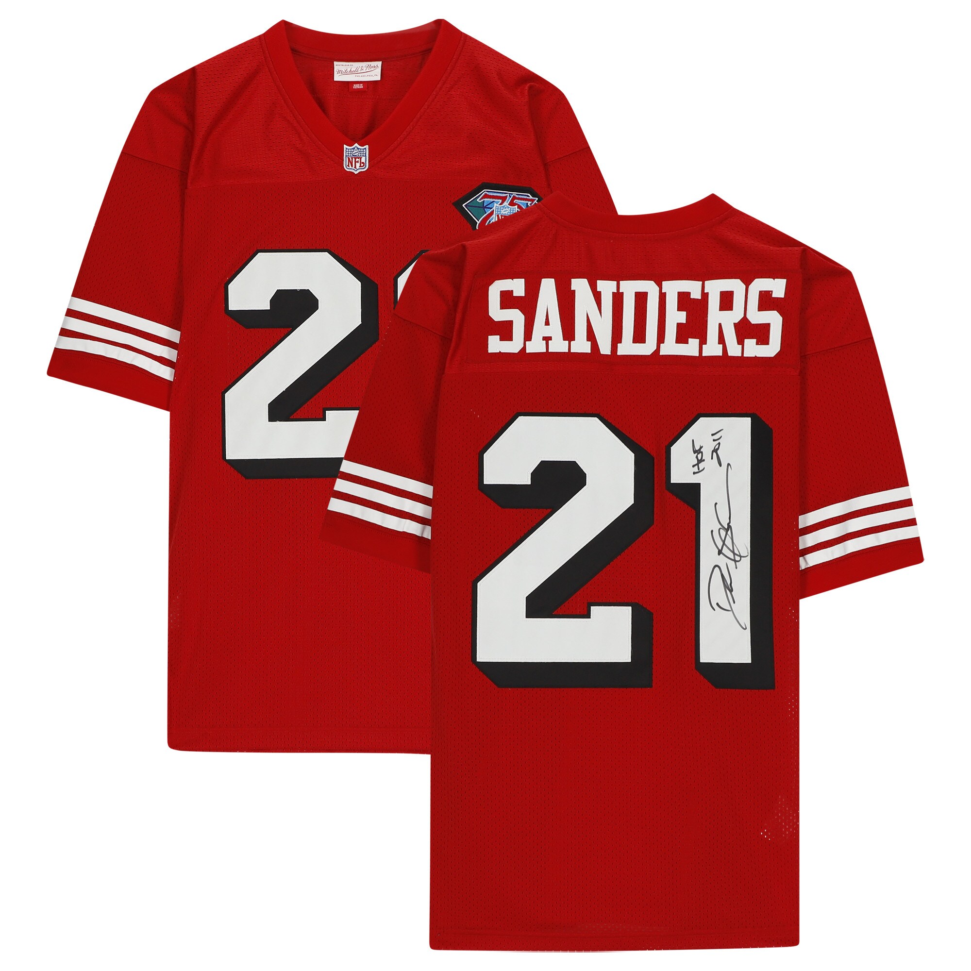 Deion Sanders Scarlet San Francisco 49ers Autographed Mitchell & Ness