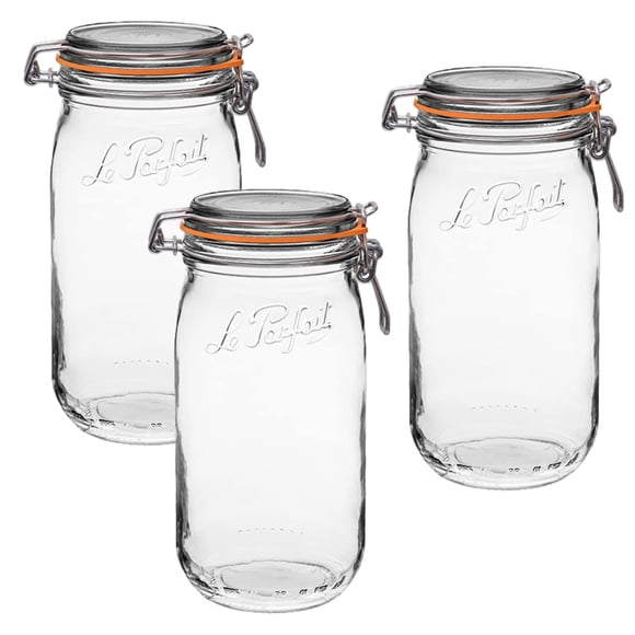 Le Parfait Super Pot - Pots de Mise en Conserve en Verre Français de 1,5 L avec Corps Rond, Grand Ouverture, Couvercle Hermétique - Verre Clair (48 Oz/quart et Demi, Lot de 3)