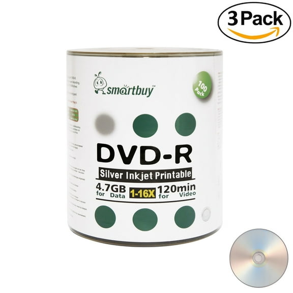 300 Pack Smartbuy 16X DVD-R 4.7GB 120Min Silver Inkjet Hub Printable Data Blank Media Recordable Disc