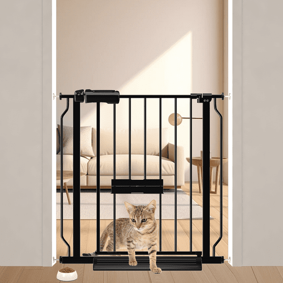 Fairy Baby Baby Safety Gate with Cat Door,24"-29" Extra Wide Pressure Mount Pet Gate Black Metal