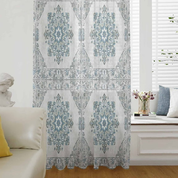 Vintage Teal Semi Sheer Curtains Drapes for Living Room, Bedroom, French Doors Window 72 Inches Long, Boho Ethnic Mexican Floral Southwestern Rod Pocket Chiffon Curtain Drapery Voile Draperies Panel