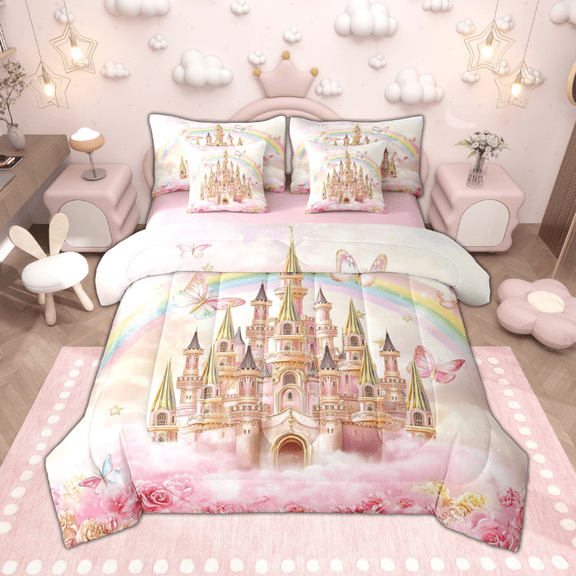Manfei Girls Castle Twin Bedding Sets 7pcs, Cute Rainbow Flower Bedding Comforter Set, Chic Butterfly Sheet Sets, Princess Pink Room Decor