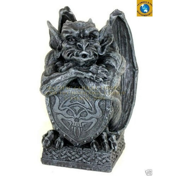 FAUX STONE RESIN GOTHIC GARGOYLE WITH ARMOR SHIELD STATUE FIGURINE