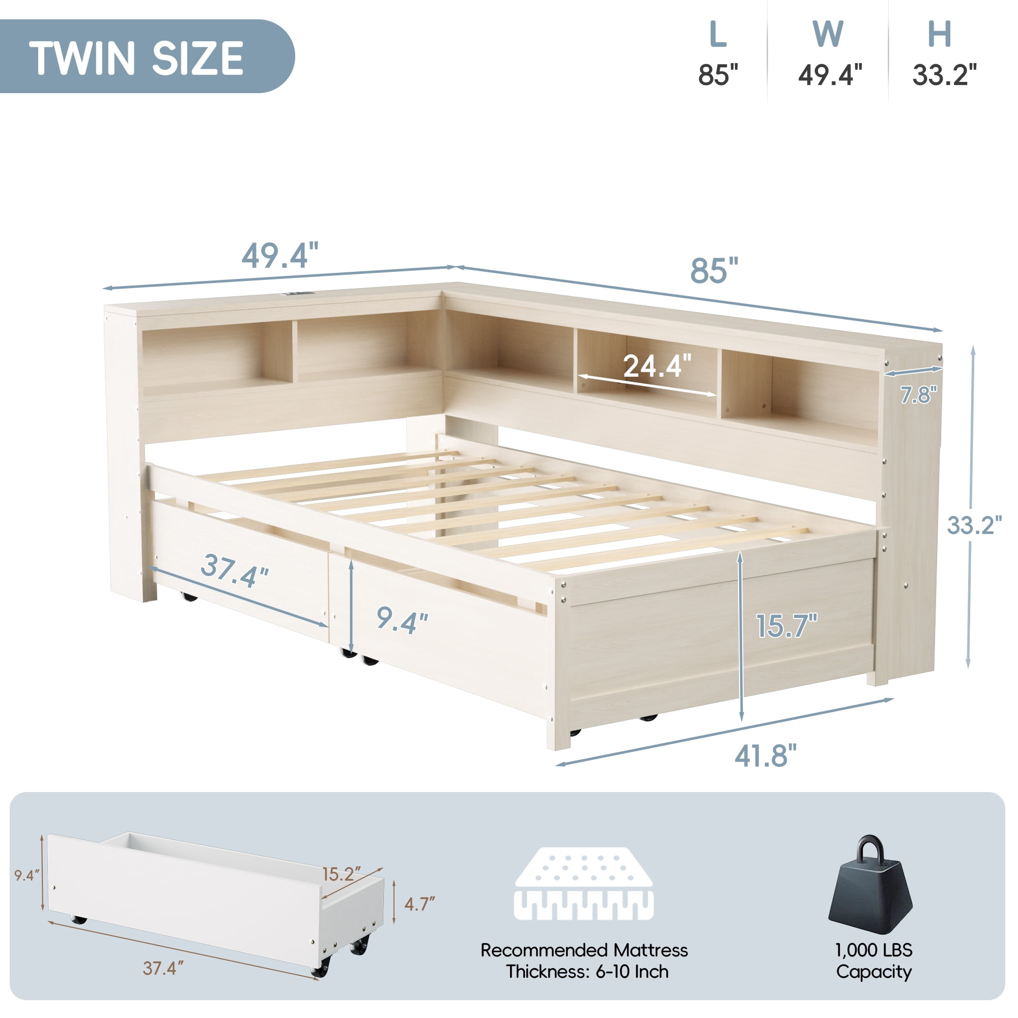 Joywind Twin Corner Bed Frame with Storage Drawers, Bookcase Headboard, Charging Station & LED Lights,Natural